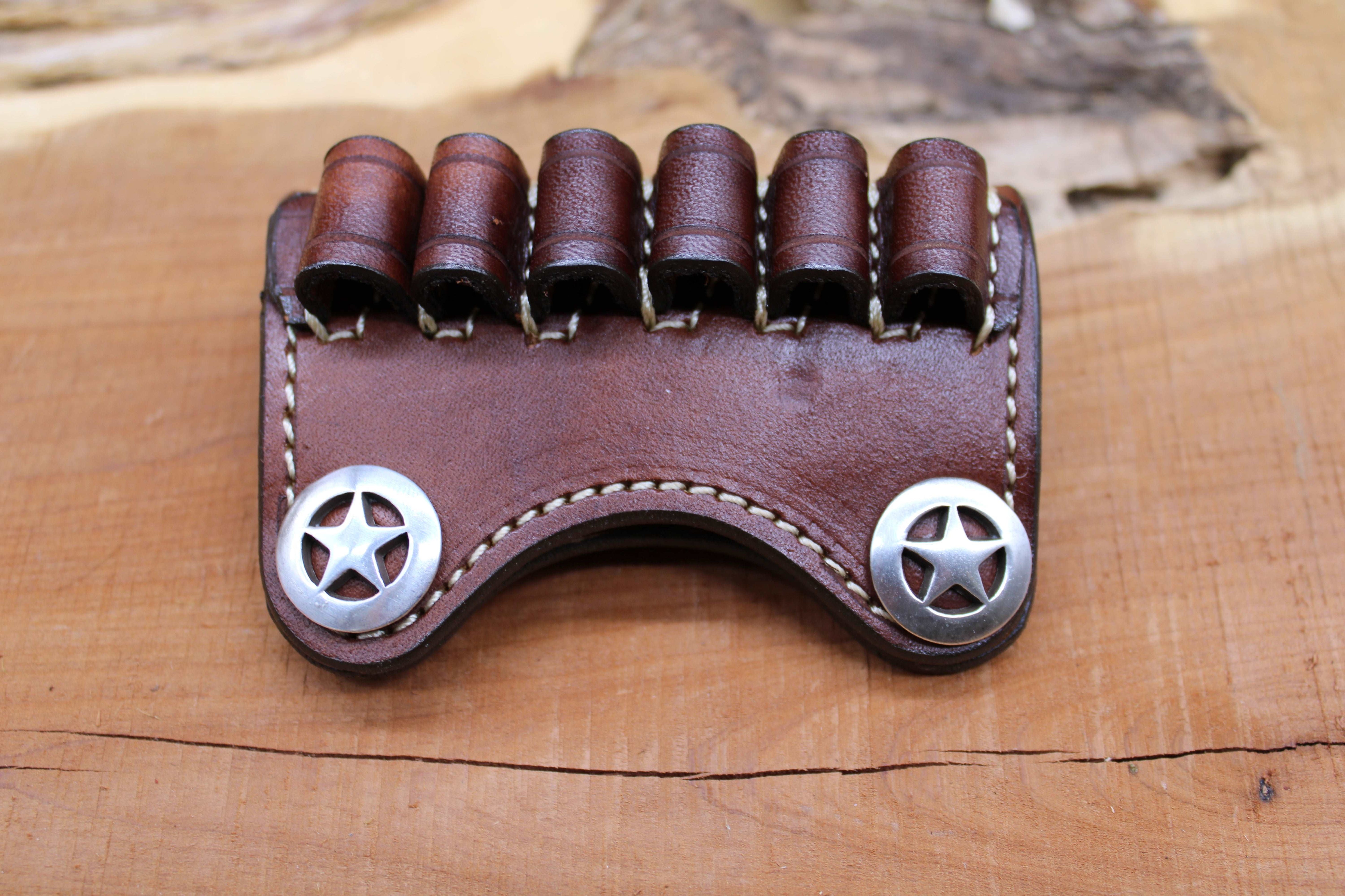 In Stock Premium Leather Ammo Slide 38/357/9mm Smooth Texas Star Conchos