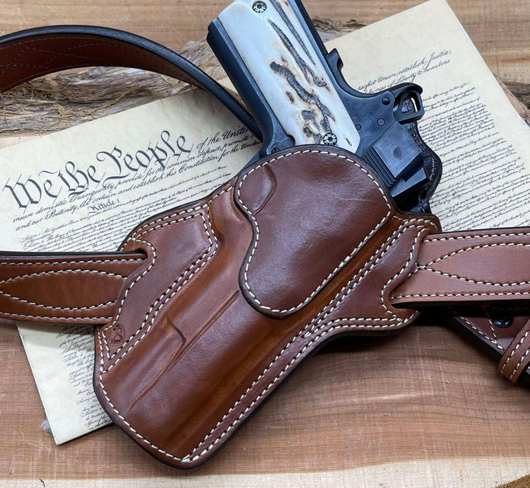 *In Stock* RH Texas Bodyguard Holster 1911 5" Saddle Oil Finish w/Natural Stitching - Busted B Leather