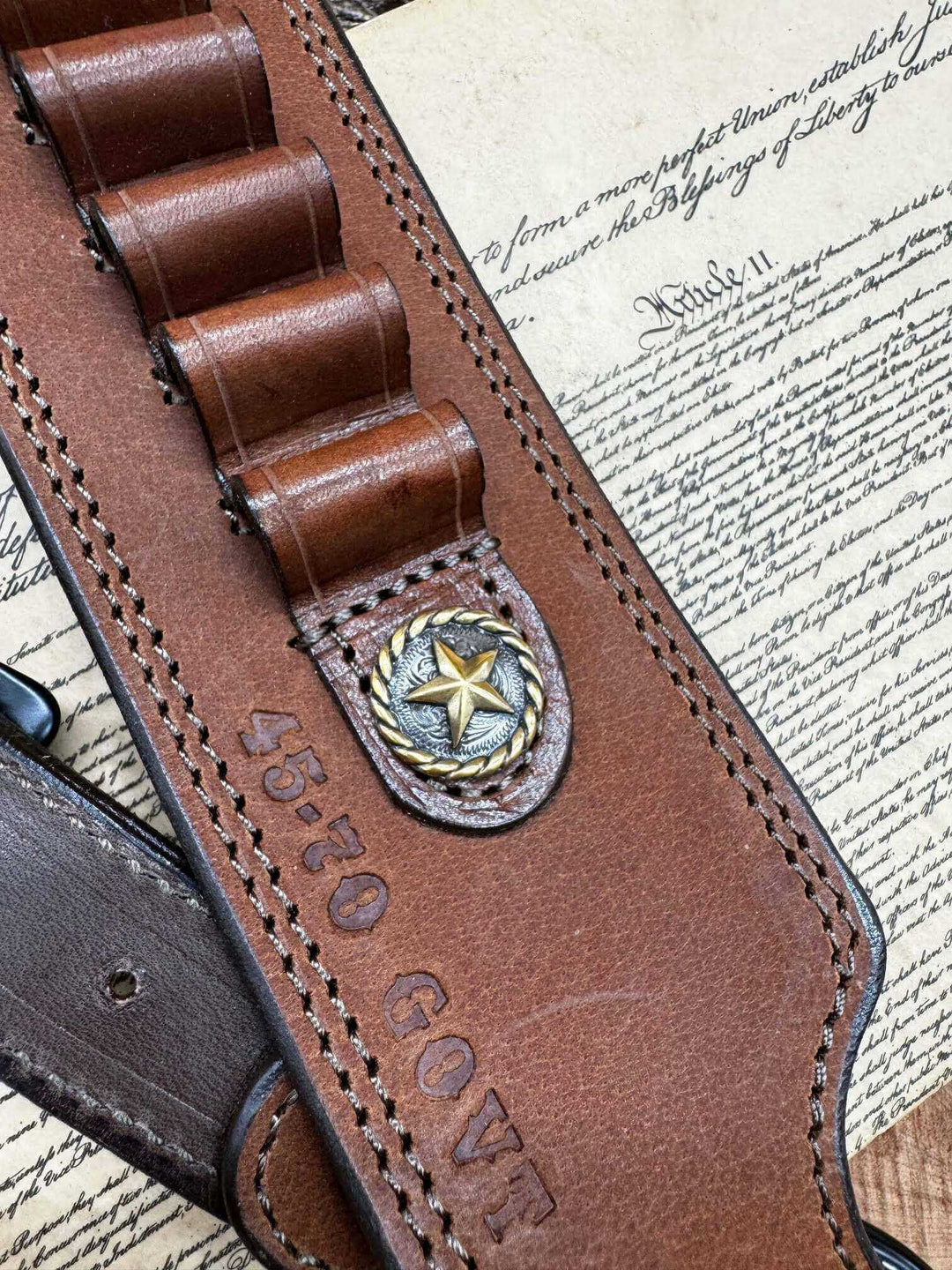 *In Stock* Guide Gun Rifle Sling Marlin 1895 Lever Action Genuine Golden Brown Buffalo 45-70 Govt 2 Antique Brass and Silver Rope Edge Star Conchos