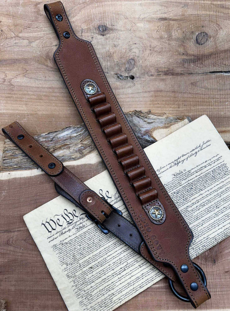 *In Stock* Guide Gun Rifle Sling Marlin 1895 Lever Action Genuine Golden Brown Buffalo 45-70 Govt 2 Antique Brass and Silver Rope Edge Star Conchos