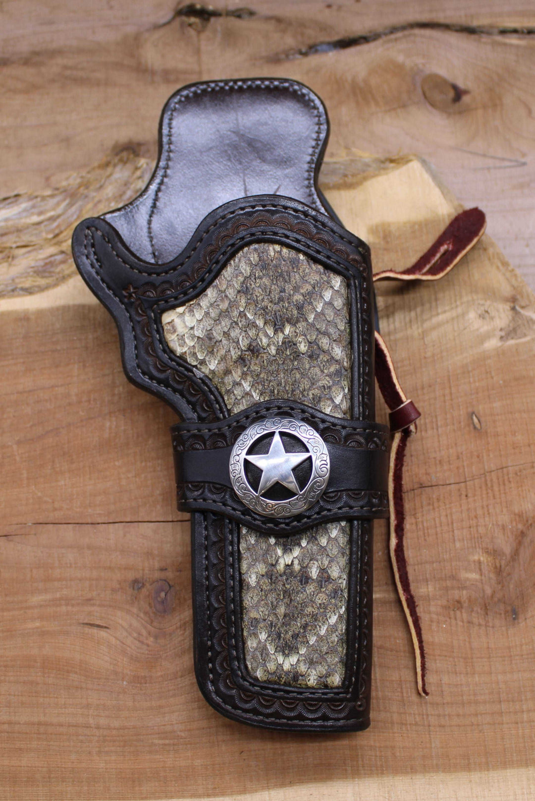 *In Stock* RH Paddle Rancher Cowboy Holster Chocolate w/ Rattlesnake Inlay for Colt Python 6"