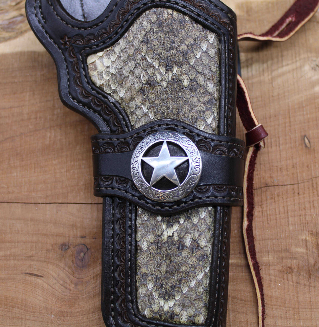 *In Stock* RH Paddle Rancher Cowboy Holster Chocolate w/ Rattlesnake Inlay for Colt Python 6"