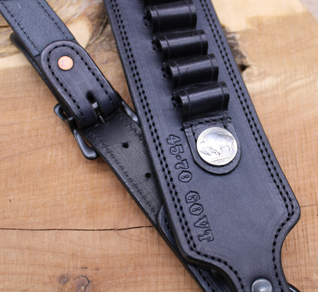 *In Stock* Guide Gun Rifle Sling Marlin 1895 Lever Action Black w/ Black 45-70 Govt Silver Indian & Buffalo Reproduction Coin Conchos