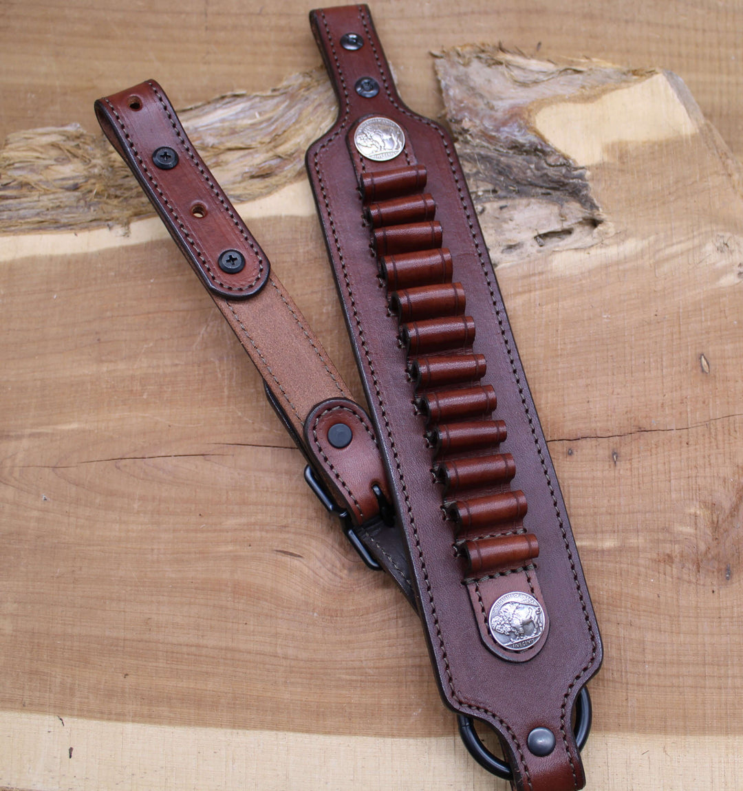 *In Stock* Rifle Sling Henry Axe .410 Dark Brown w/ Brown 2 Buffalo Reproduction Coin Concho's