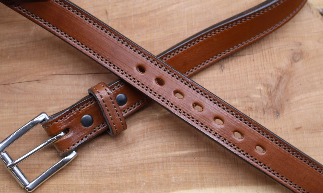 *In Stock* 1.25" Carry Belt .25" Thick Double Stitch Golden Brown w/Brown Stitch Size 40