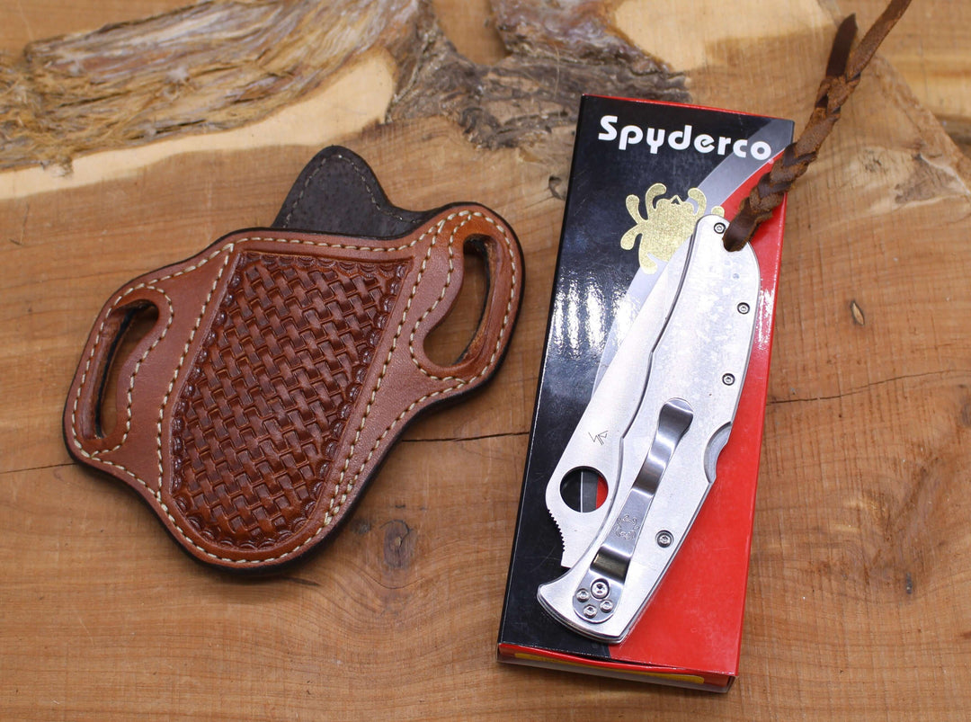 *In Stock* Slant Knife Sheath w/Basket Weave & SPYDERCO Endura 4 Lockback Stainless Steel Knife Bundle