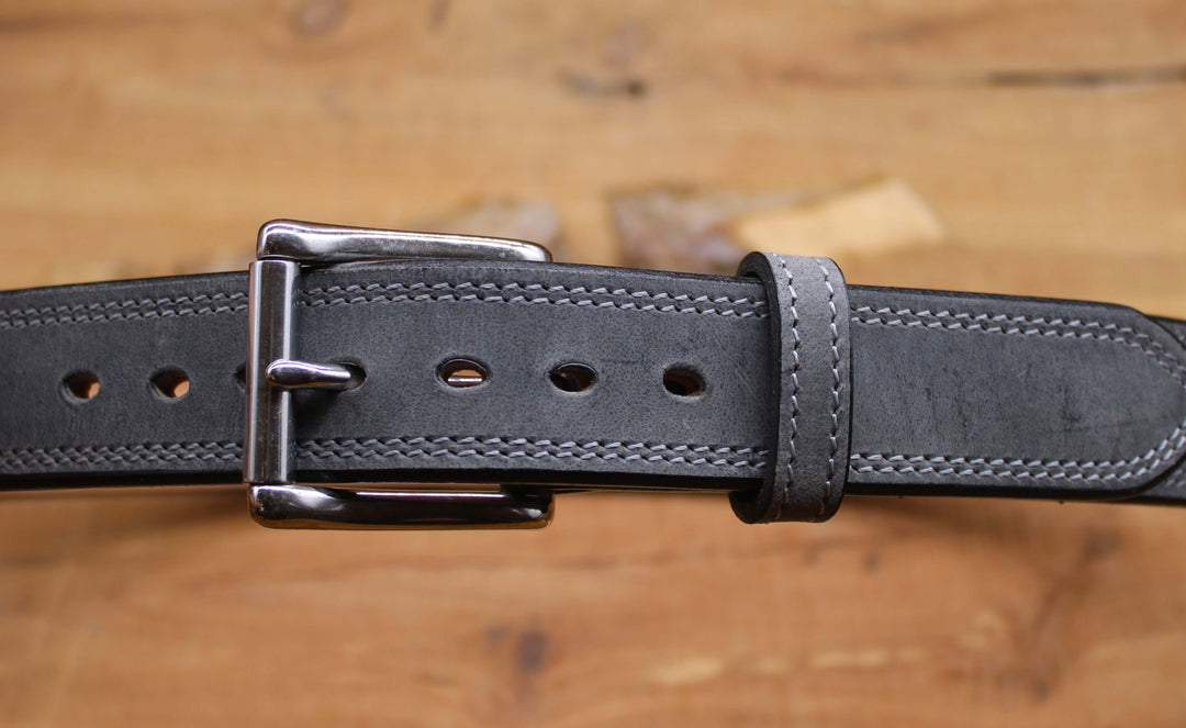 *In Stock* 1.5" Carry Belt .25" Thick Double Stitch Weathered Grey Water Buffalo w/Silver Stitch Size 40