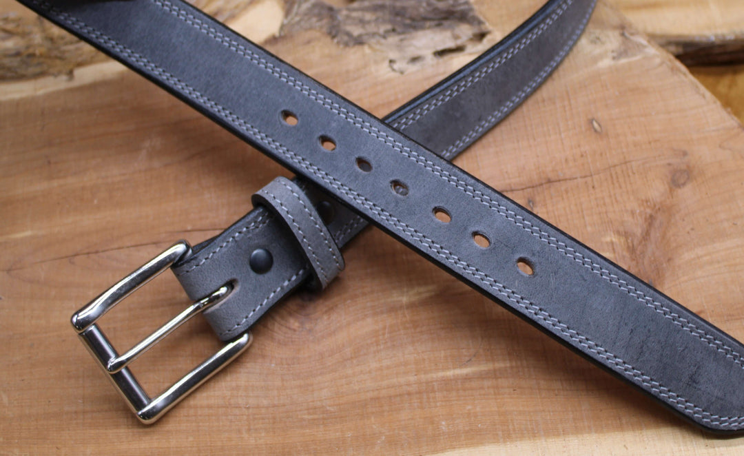 *In Stock* 1.5" Carry Belt .25" Thick Double Stitch Weathered Grey Water Buffalo w/Silver Stitch Size 40