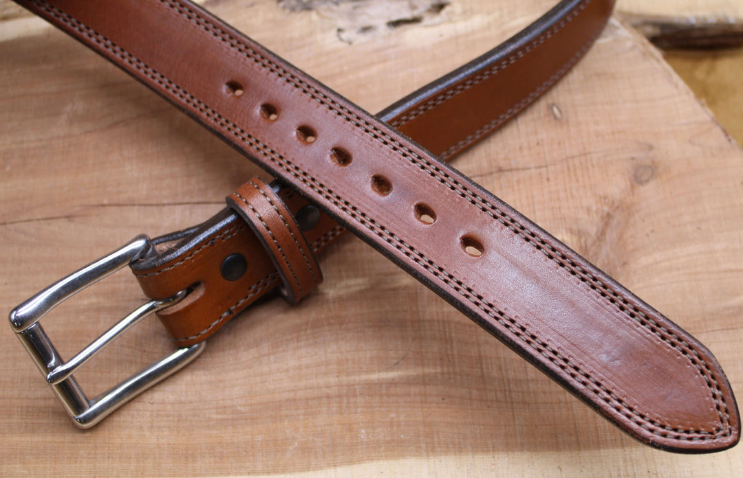 *In Stock* 1.5" Carry Belt .25" Thick Double Stitch Golden Brown w/Brown Stitch Size 40