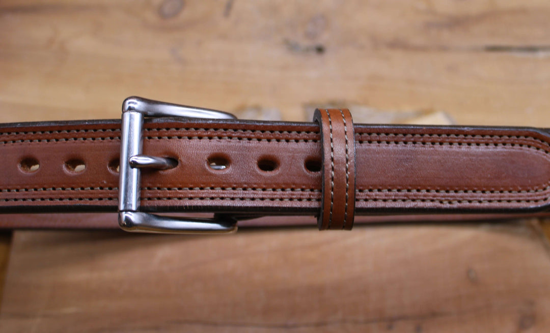 *In Stock* 1.5" Carry Belt .25" Thick Fancy Stitch Golden Brown w/Brown Stitch Size 42