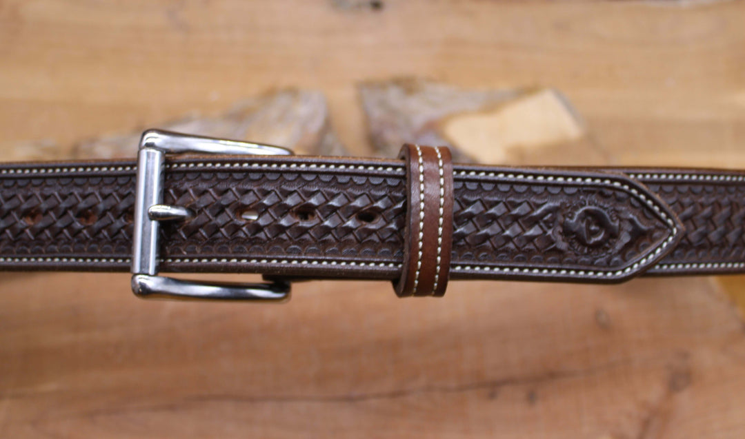 *In Stock* 1.5" Carry Belt .25" Thick Basket Weave Chocolate w/Natural Stitch Size 38