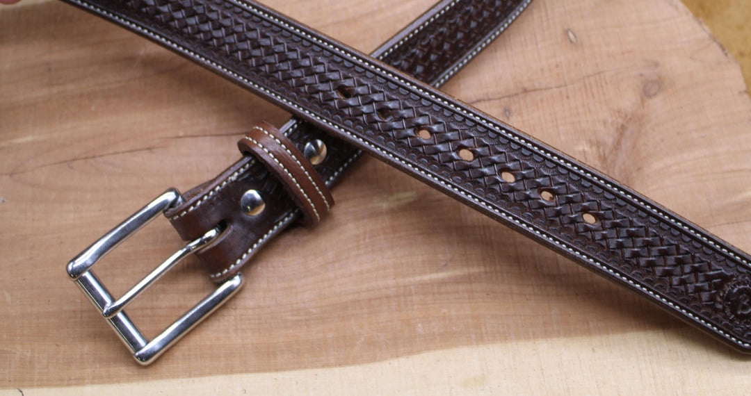 *In Stock* 1.5" Carry Belt .25" Thick Basket Weave Chocolate w/Natural Stitch Size 38