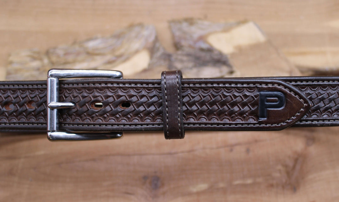 *In Stock* 1.5" Carry Belt .25" Thick Basket Weave & Letter P Chocolate w/Brown Stitch Size 38