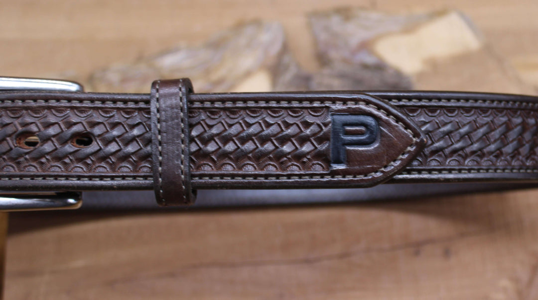 *In Stock* 1.5" Carry Belt .25" Thick Basket Weave & Letter P Chocolate w/Brown Stitch Size 38