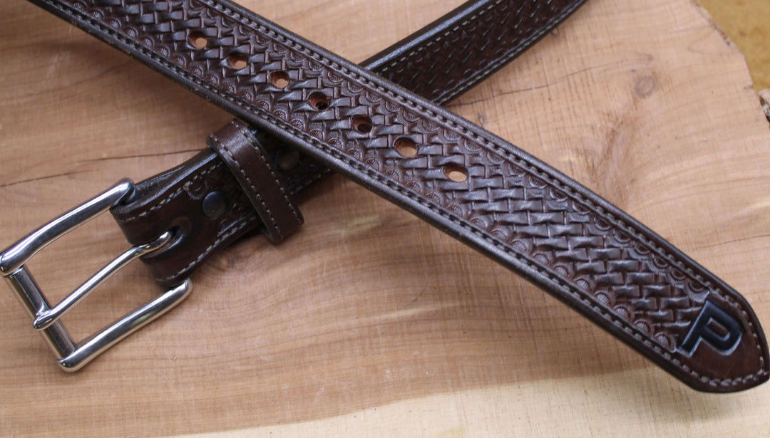 *In Stock* 1.5" Carry Belt .25" Thick Basket Weave & Letter P Chocolate w/Brown Stitch Size 38