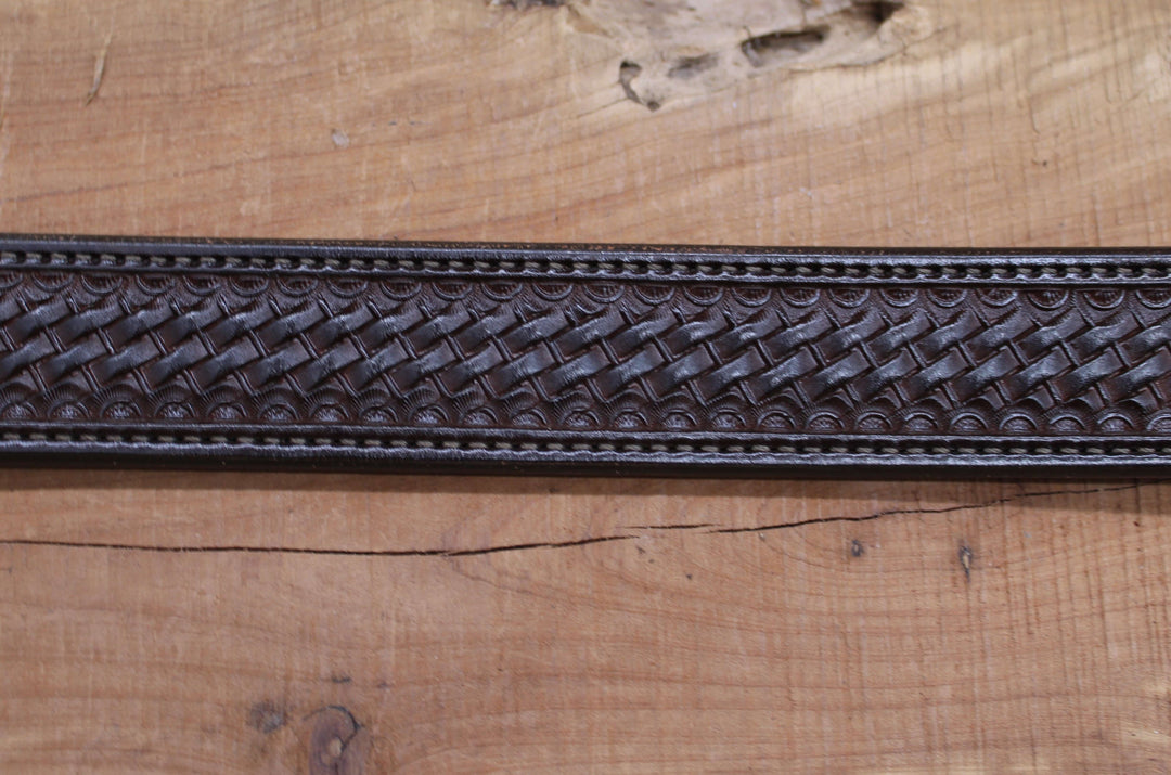 *In Stock* 1.5" Carry Belt .25" Thick Basket Weave & Letter P Chocolate w/Brown Stitch Size 38