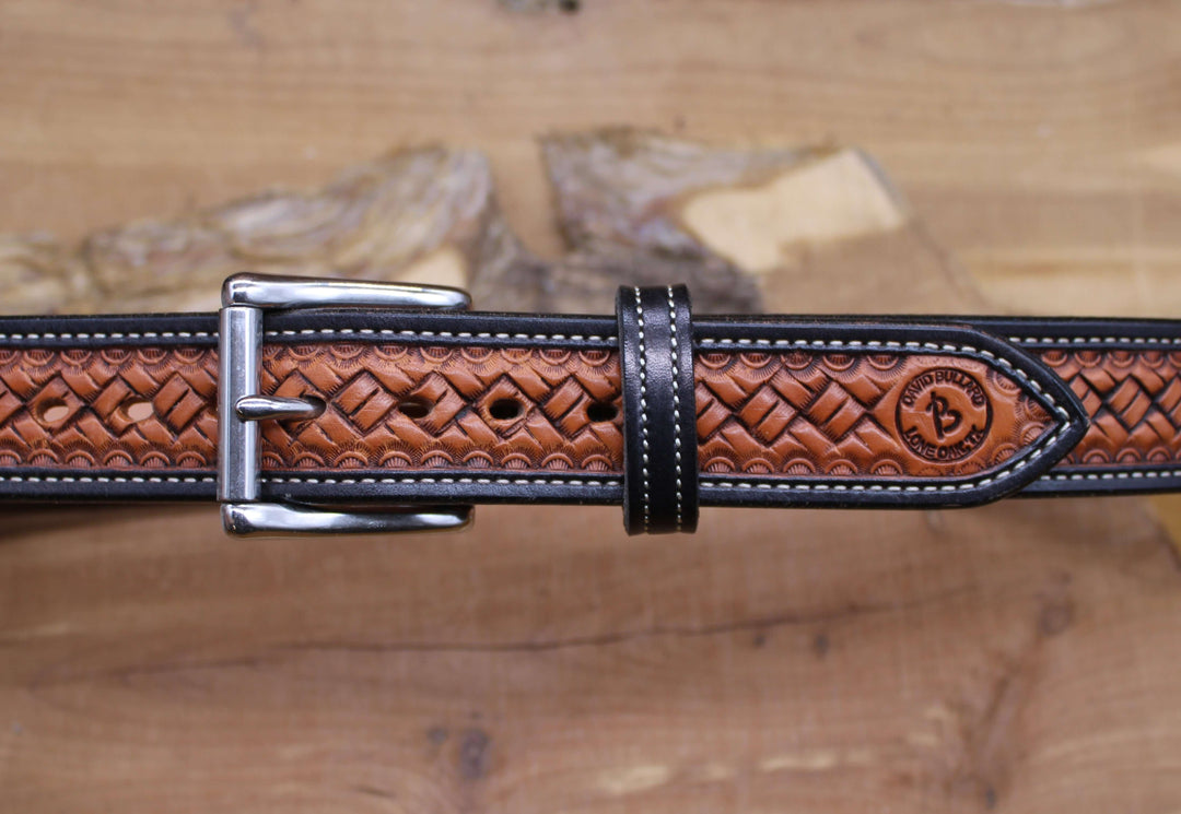 *In Stock* 1.5" Carry Belt .25" Thick Two-Toned Black & Desert Tan w/Natural Stitch Size 40