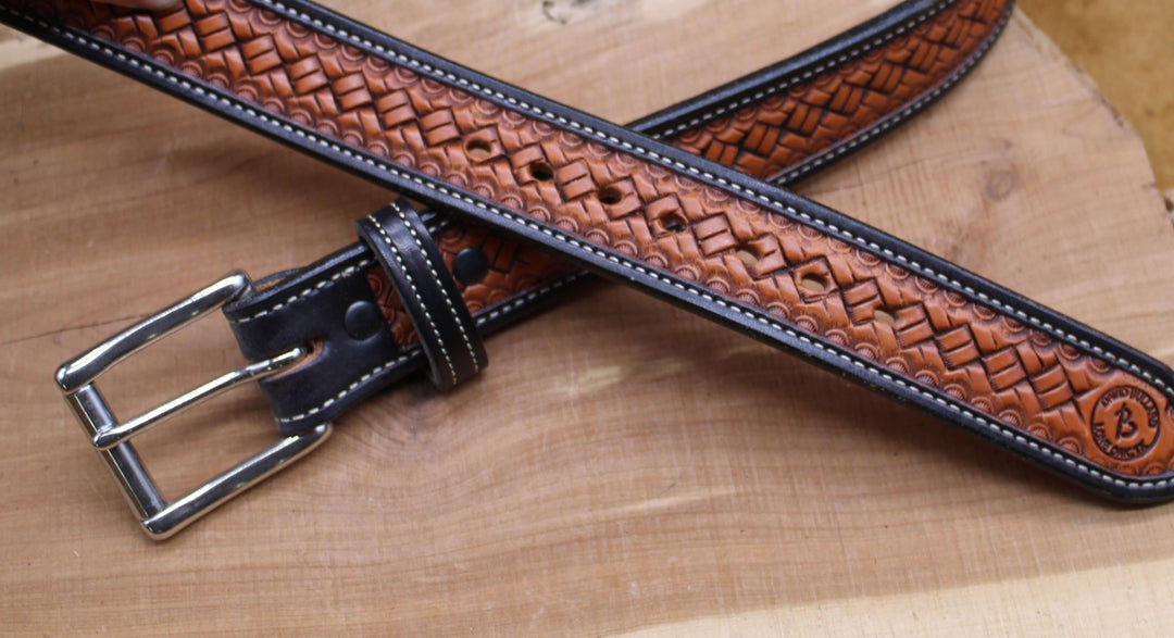 *In Stock* 1.5" Carry Belt .25" Thick Two-Toned Black & Desert Tan w/Natural Stitch Size 40