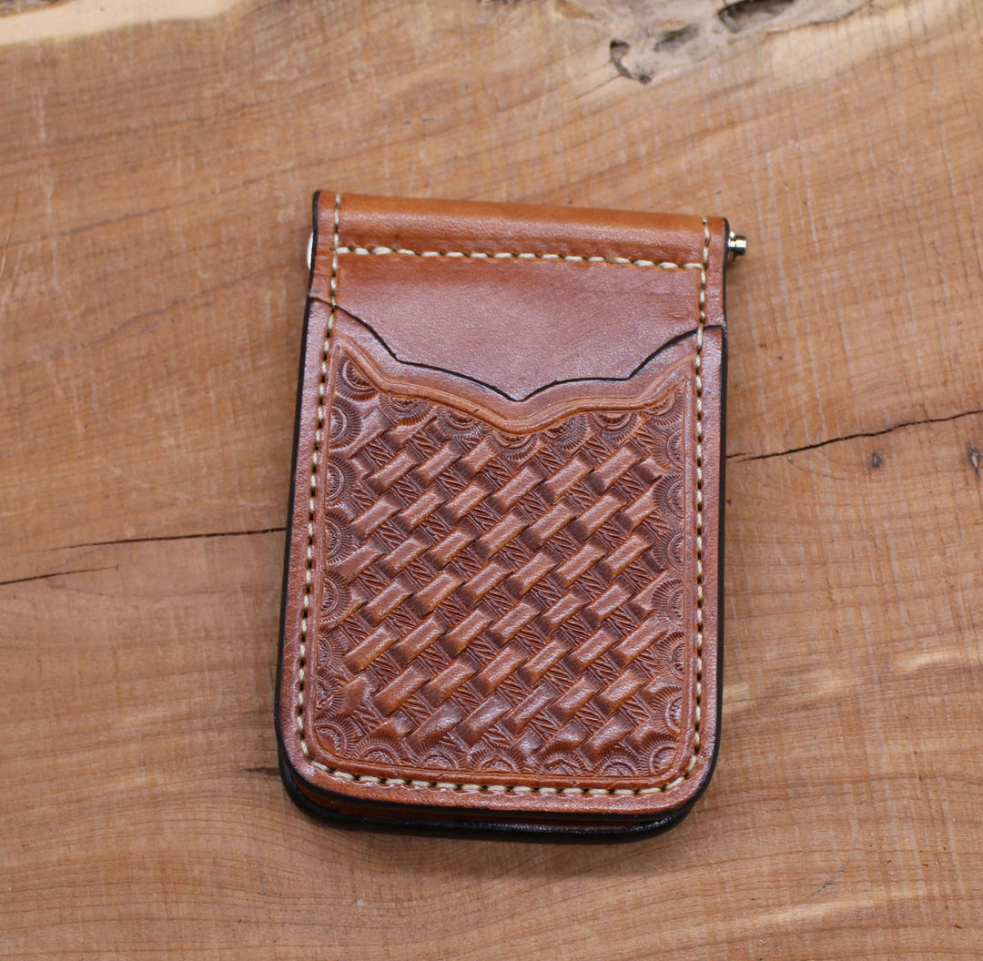 *In Stock* Front Pocket Money Clip Wallet Large Basket Weave Saddle Oil Finish