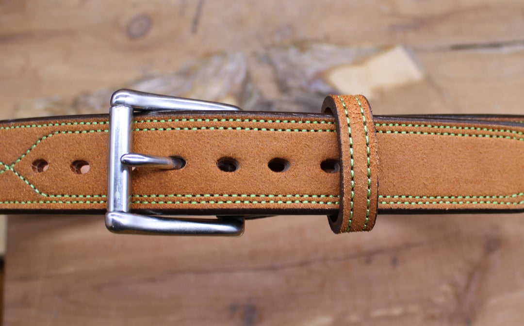 *In Stock* 1.5" Carry Belt .25" Thick Fancy Stitch Rough Out Saddle Oil Finish w/Green Stitch Size 38