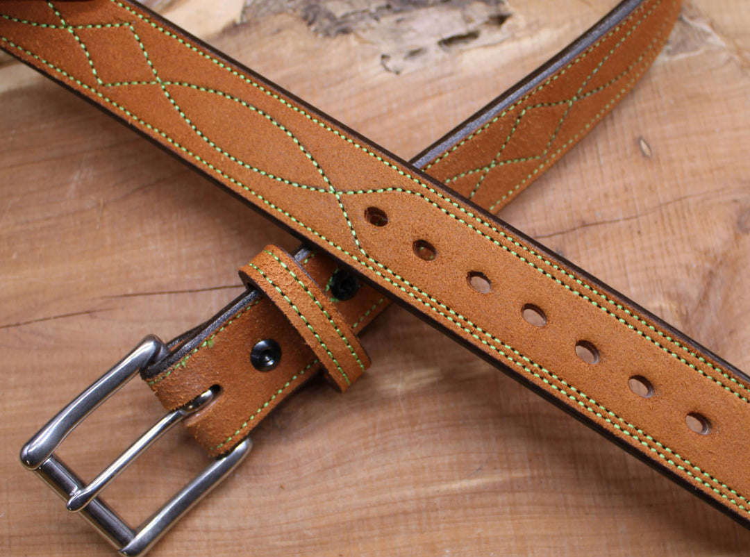 *In Stock* 1.5" Carry Belt .25" Thick Fancy Stitch Rough Out Saddle Oil Finish w/Green Stitch Size 38