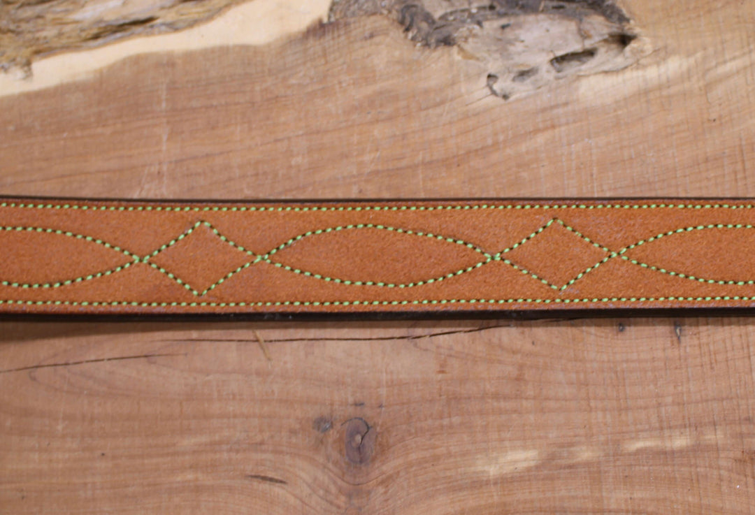 *In Stock* 1.5" Carry Belt .25" Thick Fancy Stitch Rough Out Saddle Oil Finish w/Green Stitch Size 38