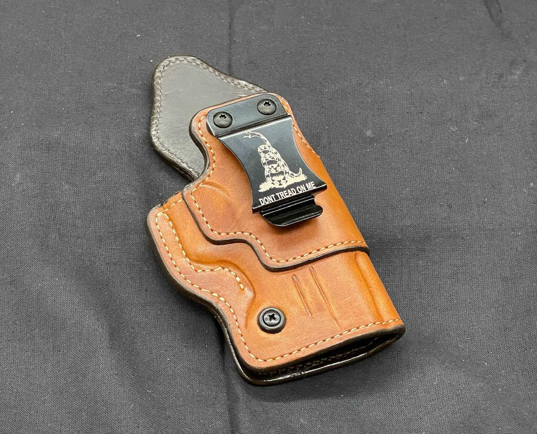 *In Stock* Right Side Left Hand Small of Back IWB Staccato C2 Saddle Oil Finish/Natural w/Metal Belt Clip "Don't Tread on Me or 2A 1776"