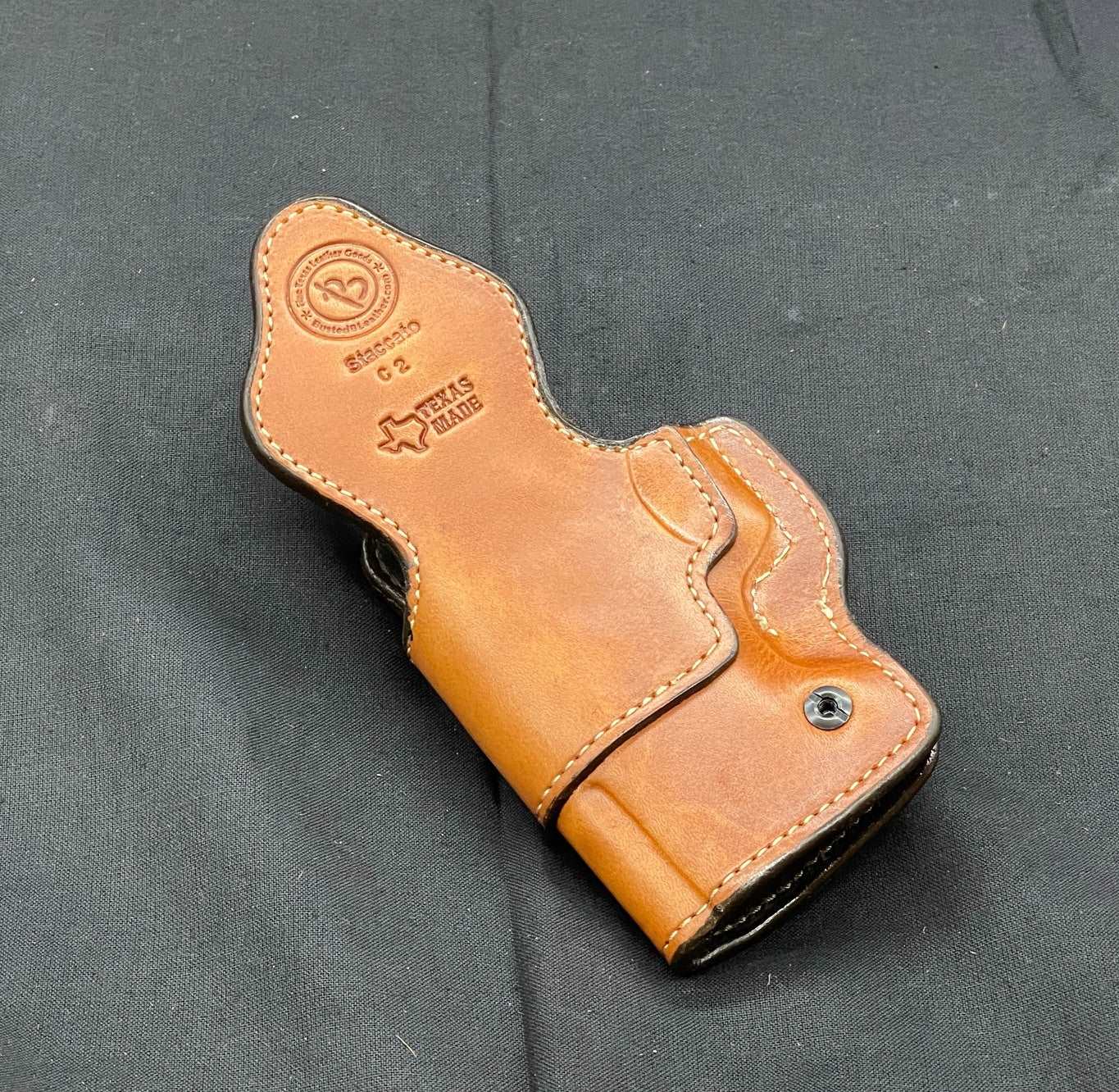 *In Stock* Right Side Left Hand Small of Back IWB Staccato C2 Saddle Oil Finish/Natural w/Metal Belt Clip "Don't Tread on Me or 2A 1776"