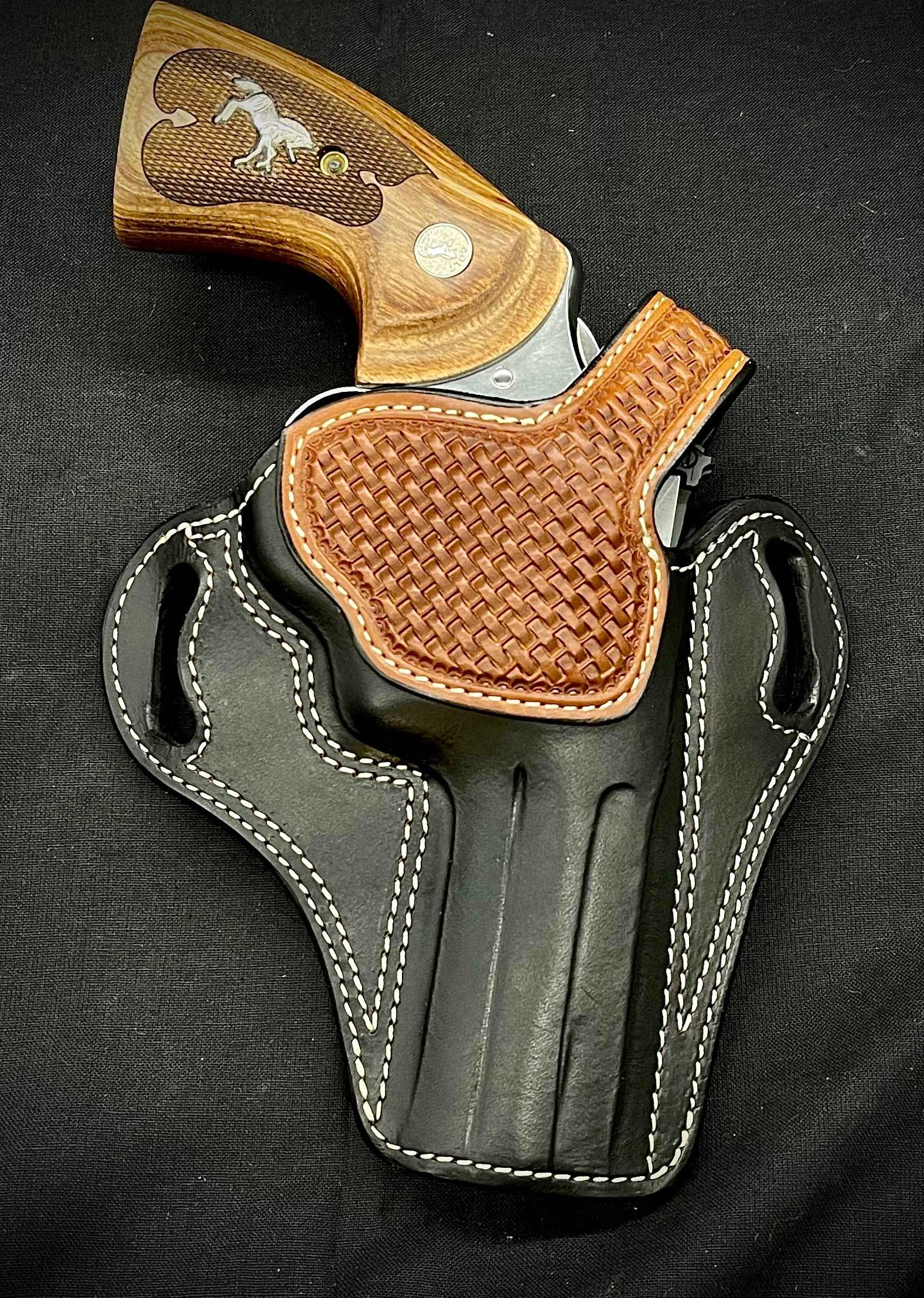 *In Stock* RH Ironside Holster Colt Python 4.25" Black w/Saddle Oil Finish w/Basket Weave Trim & Thumb Break