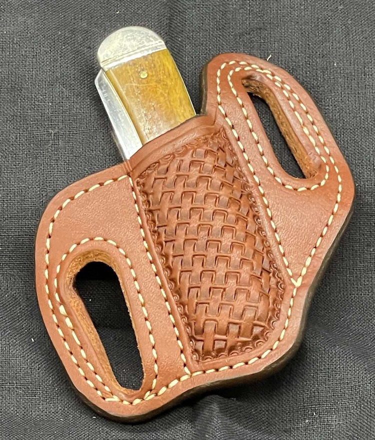 *In Stock* RH Cowboy Knife Sheath for 2 Blade Trapper 4 1/8 Saddle Oil Finish - Basket Weave