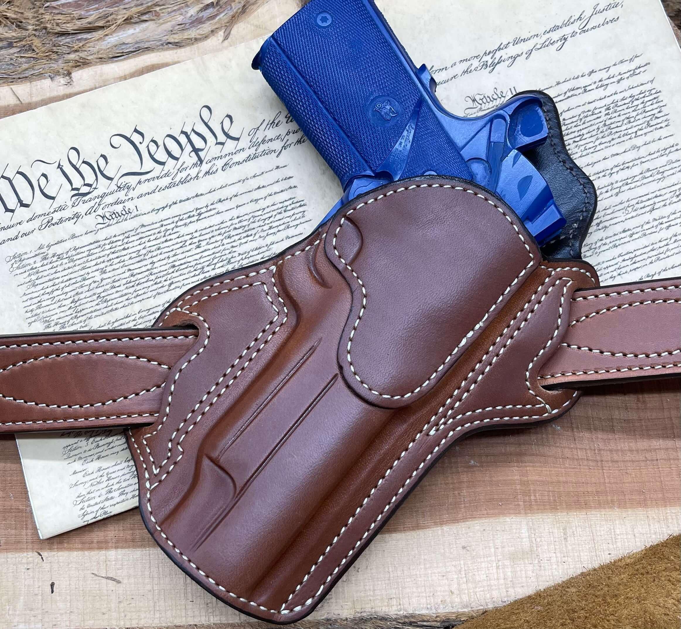 *In Stock* RH Texas Bodyguard Holster Springfield 1911 Operator 5" Rail Saddle Oil Finish w/Natural Stitching - Busted B Leather