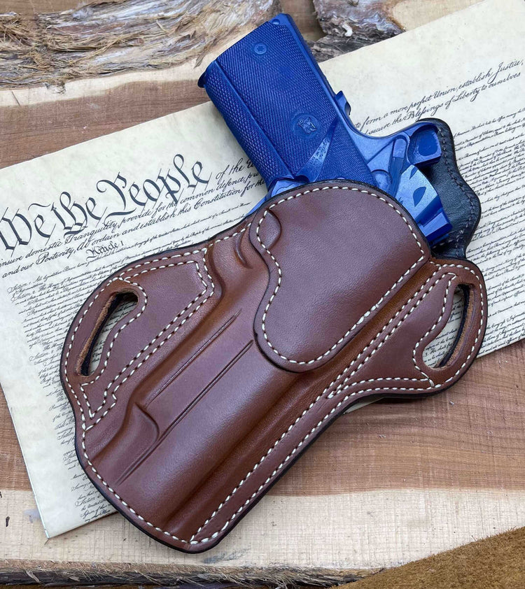 *In Stock* RH Texas Bodyguard Holster Springfield 1911 Operator 5" Rail Saddle Oil Finish w/Natural Stitching - Busted B Leather