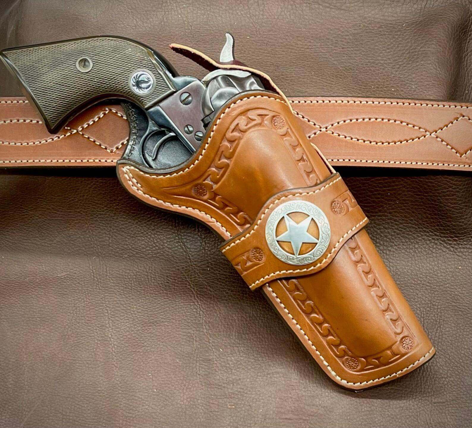 *Made to Order* LH/RH Rancher Cowboy Holster for Single Action Revolvers Old West Tooled Border/Texas Star Concho-Busted B Leather