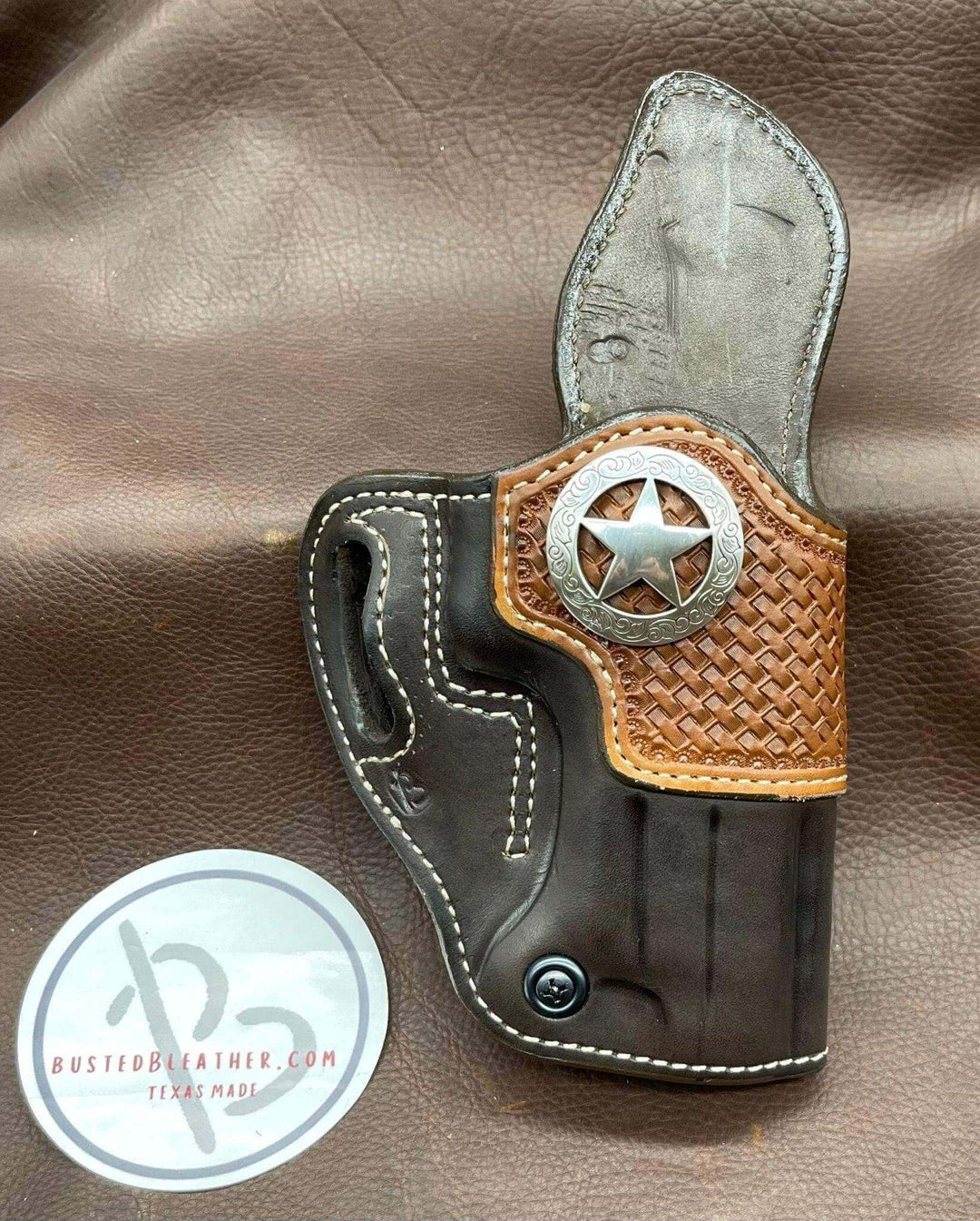 *Made to Order* LH/RH Raptor Holster Made for Your Gun w/Saddle Oil Basket Weave Reinforcement Trim & Texas Star Concho-Busted B Leather