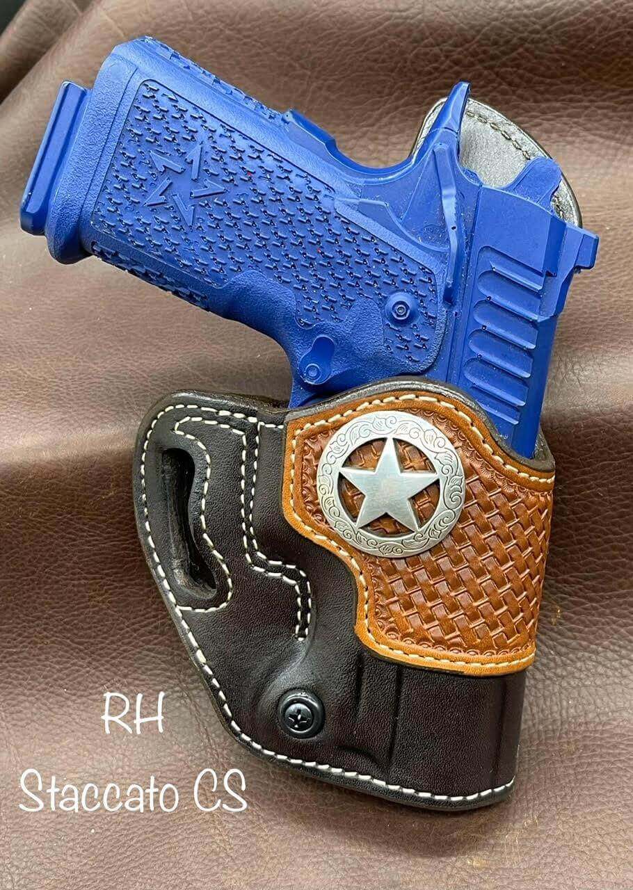 *Made to Order* LH/RH Raptor Holster Made for Your Gun w/Saddle Oil Basket Weave Reinforcement Trim & Texas Star Concho-Busted B Leather