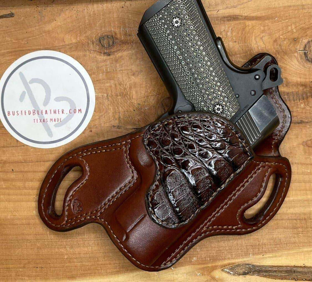 *In Stock* RH Texas Bodyguard Holster for 1911 3” Dark Brown w/Genuine Chocolate Alligator-Busted B Leather