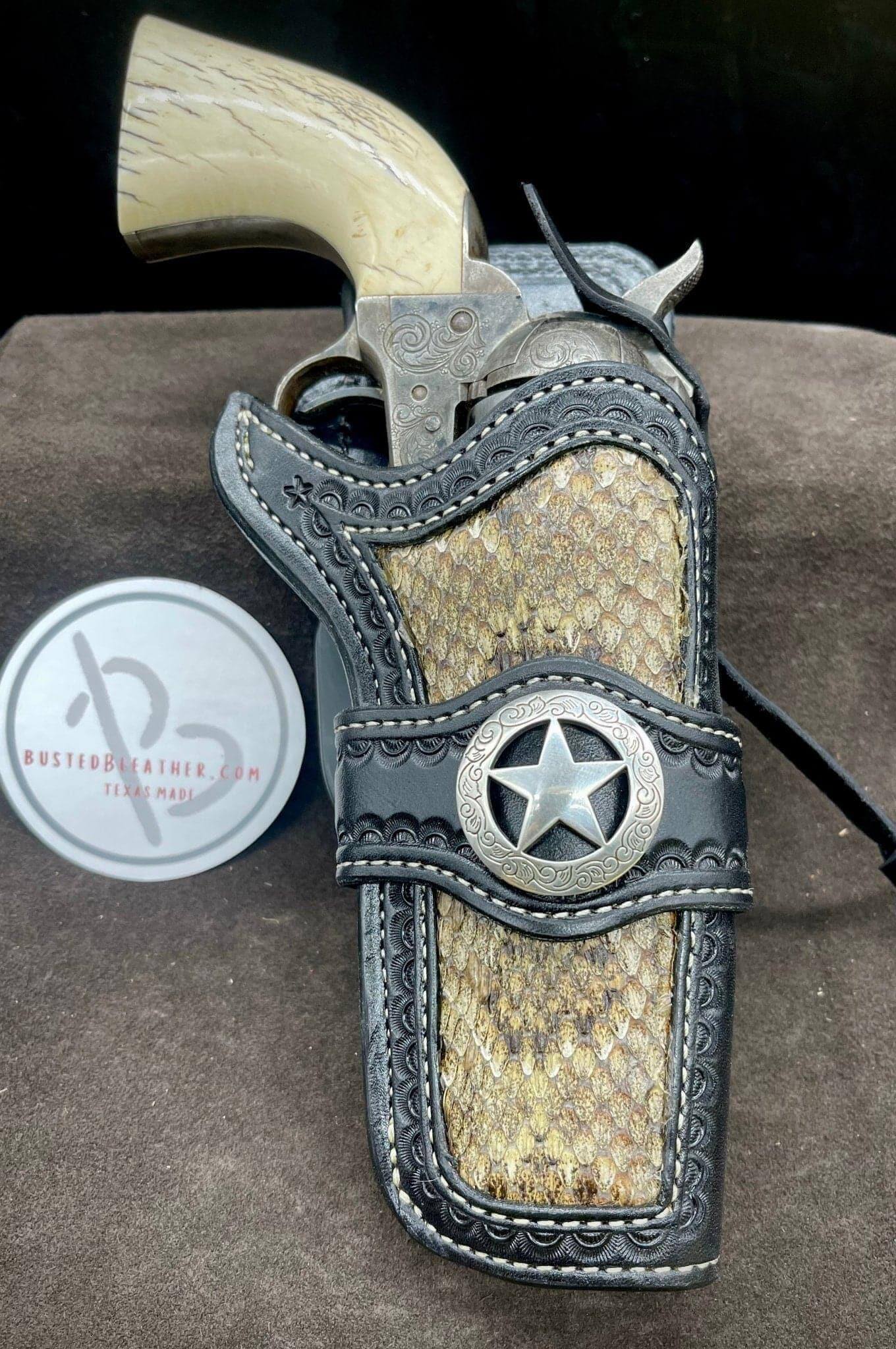 Custom LH RH Cowboy Holster with Rattlesnake Inlay Busted B Leather